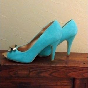 D Teal and gold faux suede shoes
